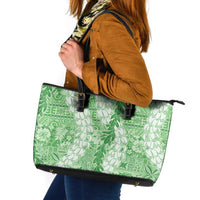 Green Puakenikeni and Maile Lei Leather Tote Bag Hawaiian Style Tribal Tapa Double Strand Lei