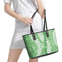 Green Puakenikeni and Maile Lei Leather Tote Bag Hawaiian Style Tribal Tapa Double Strand Lei