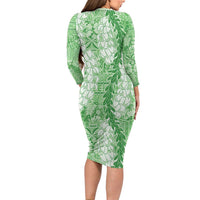 Green Puakenikeni and Maile Lei Long Sleeve Bodycon Dress Hawaiian Style Tribal Tapa Double Strand Lei