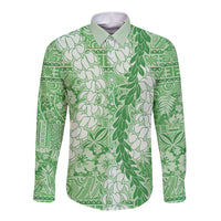 Green Puakenikeni and Maile Lei Long Sleeve Button Shirt Hawaiian Style Tribal Tapa Double Strand Lei