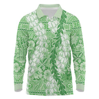 Green Puakenikeni and Maile Lei Long Sleeve Polo Shirt Hawaiian Style Tribal Tapa Double Strand Lei