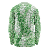 Green Puakenikeni and Maile Lei Long Sleeve Shirt Hawaiian Style Tribal Tapa Double Strand Lei