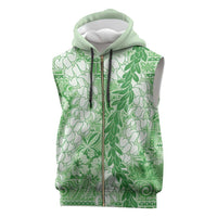 Green Puakenikeni and Maile Lei Sleeveless Zip Hoodie Hawaiian Style Tribal Tapa Double Strand Lei - Polynesian Pride