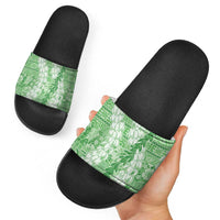 Green Puakenikeni and Maile Lei Slide Sandals Hawaiian Style Tribal Tapa Double Strand Lei LT9 - Polynesian Pride