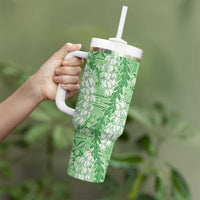 Green Puakenikeni and Maile Lei Tumbler With Handle Hawaiian Style Tribal Tapa Double Strand Lei