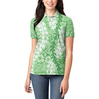 Green Puakenikeni and Maile Lei Women Polo Shirt Hawaiian Style Tribal Tapa Double Strand Lei