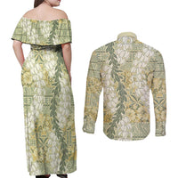 Vintage Puakenikeni and Maile Lei Couples Matching Off Shoulder Maxi Dress and Long Sleeve Button Shirt Hawaiian Style Tribal Tapa Double Strand Lei