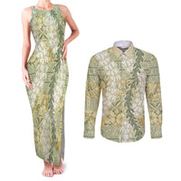 Vintage Puakenikeni and Maile Lei Couples Matching Tank Maxi Dress and Long Sleeve Button Shirt Hawaiian Style Tribal Tapa Double Strand Lei