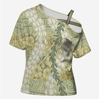 Vintage Puakenikeni and Maile Lei Cross Shoulder Shirt Hawaiian Style Tribal Tapa Double Strand Lei - Polynesian Pride