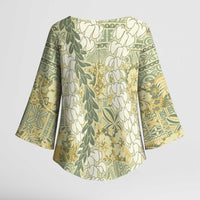 Vintage Puakenikeni and Maile Lei Kimono Sleeve Blouse Hawaiian Style Tribal Tapa Double Strand Lei - Polynesian Pride