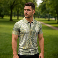 Vintage Puakenikeni and Maile Lei Zipper Polo Shirt Hawaiian Style Tribal Tapa Double Strand Lei - Polynesian Pride