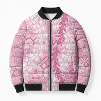 Pink Puakenikeni and Maile Lei Bomber Puffer Jacket Hawaiian Style Tribal Tapa Double Strand Lei - Polynesian Pride