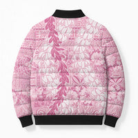 Pink Puakenikeni and Maile Lei Bomber Puffer Jacket Hawaiian Style Tribal Tapa Double Strand Lei - Polynesian Pride