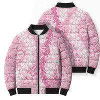 Pink Puakenikeni and Maile Lei Bomber Puffer Jacket Hawaiian Style Tribal Tapa Double Strand Lei - Polynesian Pride