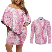 Pink Puakenikeni and Maile Lei Couples Matching Off Shoulder Short Dress and Long Sleeve Button Shirt Hawaiian Style Tribal Tapa Double Strand Lei