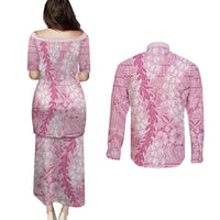 Pink Puakenikeni and Maile Lei Couples Matching Puletasi and Long Sleeve Button Shirt Hawaiian Style Tribal Tapa Double Strand Lei