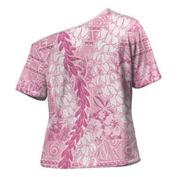 Pink Puakenikeni and Maile Lei Cross Shoulder Shirt Hawaiian Style Tribal Tapa Double Strand Lei - Polynesian Pride