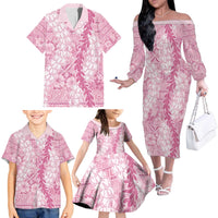 Pink Puakenikeni and Maile Lei Family Matching Off The Shoulder Long Sleeve Dress and Hawaiian Shirt Hawaiian Style Tribal Tapa Double Strand Lei