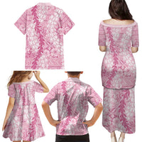 Pink Puakenikeni and Maile Lei Family Matching Puletasi and Hawaiian Shirt Hawaiian Style Tribal Tapa Double Strand Lei