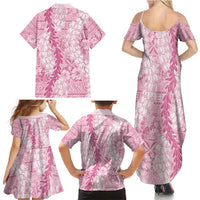 Pink Puakenikeni and Maile Lei Family Matching Summer Maxi Dress and Hawaiian Shirt Hawaiian Style Tribal Tapa Double Strand Lei