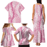 Pink Puakenikeni and Maile Lei Family Matching Tank Maxi Dress and Hawaiian Shirt Hawaiian Style Tribal Tapa Double Strand Lei