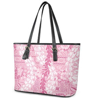 Pink Puakenikeni and Maile Lei Leather Tote Bag Hawaiian Style Tribal Tapa Double Strand Lei