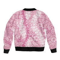 Pink Puakenikeni and Maile Lei Sleeve Zip Bomber Jacket Hawaiian Style Tribal Tapa Double Strand Lei
