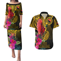 Personalised Papua New Guinea Rugby Couples Matching Puletasi Dress and Hawaiian Shirt PNG Kumuls Champions Pacific Bowl LT9 Gold - Polynesian Pride
