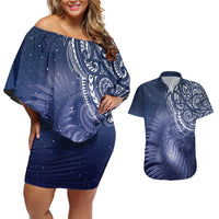 New Zealand Galaxy Fern Couples Matching Off Shoulder Short Dress and Hawaiian Shirt