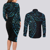 New Zealand Tribal Tattoo Couples Matching Long Sleeve Bodycon Dress and Long Sleeve Button Shirt With Matariki Art