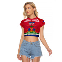 Haiti Independence Day Raglan Cropped T Shirt Libete Egalite Fratenite Ayiti 1804 With Polynesian Pattern LT9 Female Red - Polynesian Pride