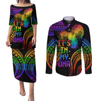 Personalised Its In My DNA Valentine Day Couples Matching Puletasi and Long Sleeve Button Shirt Fingerprint Heart with Color Pride Flag LT9 - Polynesian Pride