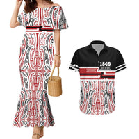 Personalised Toitu Te Tiriti Aotearoa 1840 Couples Matching Mermaid Dress and Hawaiian Shirt Red Kowhaiwhai Puhoro - Polynesian Pride