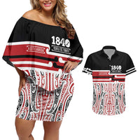 Personalised Toitu Te Tiriti Aotearoa 1840 Couples Matching Off Shoulder Short Dress and Hawaiian Shirt Red Kowhaiwhai Puhoro - Polynesian Pride