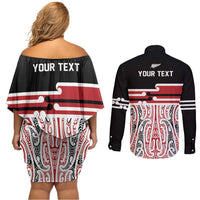 Personalised Toitu Te Tiriti Aotearoa 1840 Couples Matching Off Shoulder Short Dress and Long Sleeve Button Shirt Red Kowhaiwhai Puhoro - Polynesian Pride