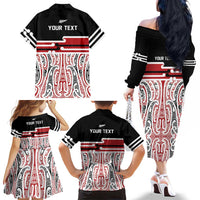 Personalised Toitu Te Tiriti Aotearoa 1840 Family Matching Off The Shoulder Long Sleeve Dress and Hawaiian Shirt Red Kowhaiwhai Puhoro - Polynesian Pride