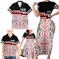 Personalised Toitu Te Tiriti Aotearoa 1840 Family Matching Short Sleeve Bodycon Dress and Hawaiian Shirt Red Kowhaiwhai Puhoro - Polynesian Pride