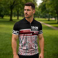Personalised Toitu Te Tiriti Aotearoa 1840 Zipper Polo Shirt Red Kowhaiwhai Puhoro - Polynesian Pride