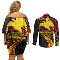 Papua New Guinea Tribal Tattoo Couples Matching Off Shoulder Short Dress and Long Sleeve Button Shirt 50th Independence Anniversary