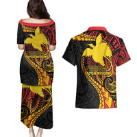 Papua New Guinea Tribal Tattoo Couples Matching Puletasi and Hawaiian Shirt 50th Independence Anniversary