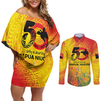 Papua New Guinea Unity in Diversity Couples Matching Off Shoulder Short Dress and Long Sleeve Button Shirt 50th Indipendens Papua Niugini