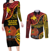 Personalised Papua New Guinea 49th Anniversary Couples Matching Long Sleeve Bodycon Dress and Long Sleeve Button Shirt Hapi De bilong Indipendens Papua Niugini