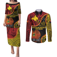 Personalised Papua New Guinea 49th Anniversary Couples Matching Puletasi and Long Sleeve Button Shirt Hapi De bilong Indipendens Papua Niugini LT9 Black - Polynesian Pride