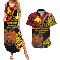 Personalised Papua New Guinea 49th Anniversary Couples Matching Summer Maxi Dress and Hawaiian Shirt Hapi De bilong Indipendens Papua Niugini