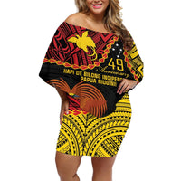 Personalised Papua New Guinea 49th Anniversary Off Shoulder Short Dress Hapi De bilong Indipendens Papua Niugini LT9 Women Black - Polynesian Pride