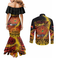 Personalised Papua New Guinea 49th Anniversary Couples Matching Mermaid Dress and Long Sleeve Button Shirt Bird of Paradise Unity In Diversity