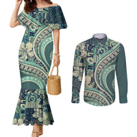 Hawaiian Hibiscus Tribal Vintage Motif Couples Matching Mermaid Dress and Long Sleeve Button Shirt Ver 1 LT9 Sea Green - Polynesian Pride