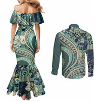 Hawaiian Hibiscus Tribal Vintage Motif Couples Matching Mermaid Dress and Long Sleeve Button Shirt Ver 1 LT9 - Polynesian Pride