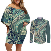 Hawaiian Hibiscus Tribal Vintage Motif Couples Matching Off Shoulder Short Dress and Long Sleeve Button Shirt Ver 1