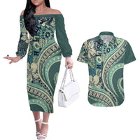 Hawaiian Hibiscus Tribal Vintage Motif Couples Matching Off The Shoulder Long Sleeve Dress and Hawaiian Shirt Ver 1